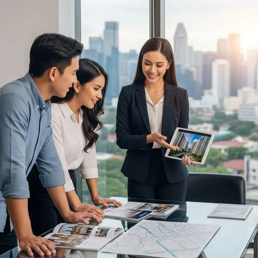 Real estate agent presenting condo listings to potential buyers in a modern office