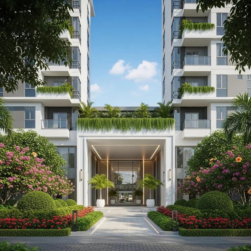 Modern condominium in the Philippines with lush surroundings and inviting entrance