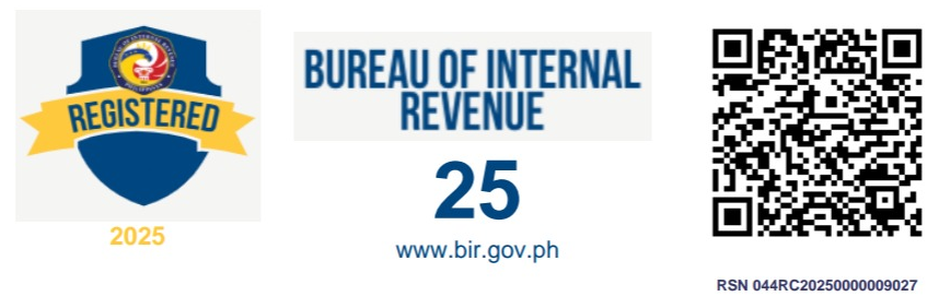 BIR Registration Seal: registered with the Bureau of Internal Revenue, 2025, RSN 044RC20250000009027. Scan the QR code, or select the seal, to verify.